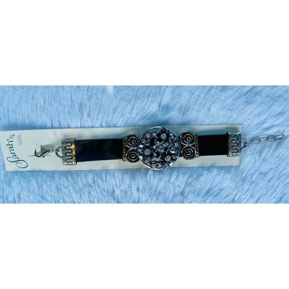 NWT Sarah’s Black Leather Floral Silver Bling Adjustable Bracelet - Picture 4 of 10